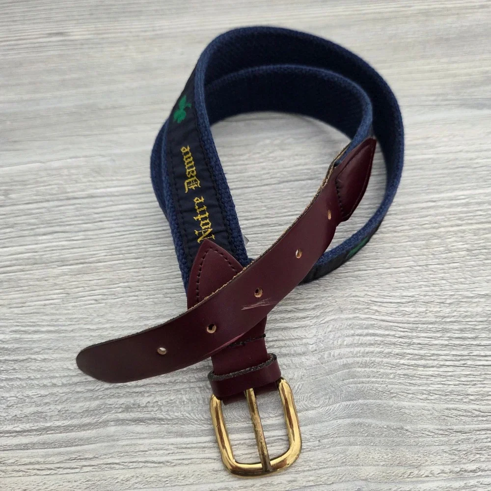 Notre Dame Belt Navy Blue Leather Canvas Embroidered Mens Medium